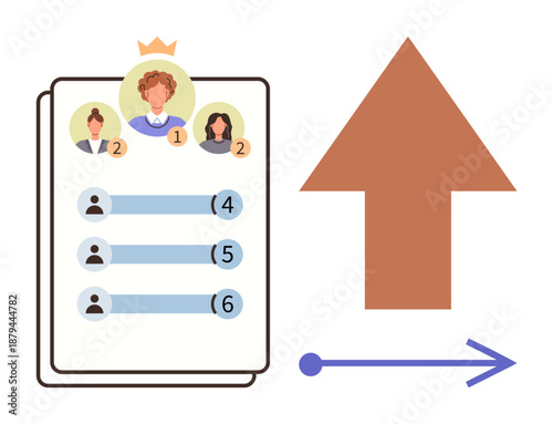 Performance evaluation, goal achievement, growth tracking, ranking system, teamwork analysis, data visualization. Leaderboard with ranked individuals and an upward arrow for progress. Goal