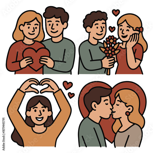 Couple love romance heart flower happy relationship affection kiss valentine. Romantic couple sharing heart giving flowers making heart gesture and kissing expressing love and happiness