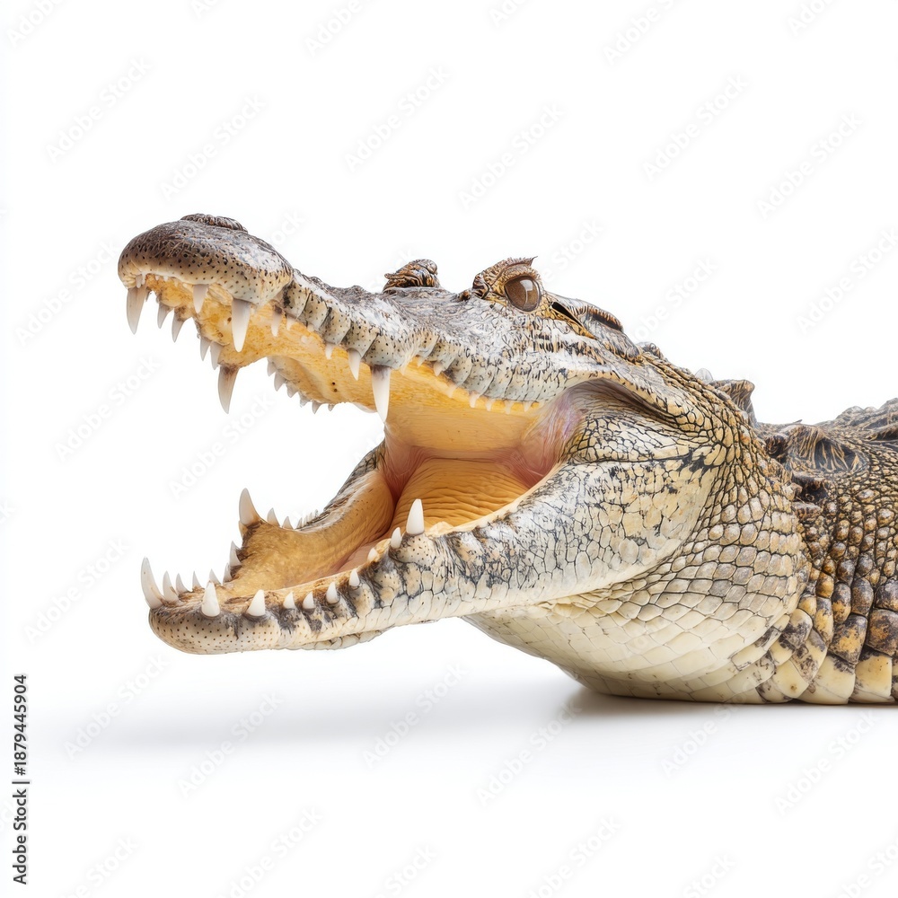 Obraz premium Close-Up of a Crocodile with Open Jaw Displaying Sharp Teeth and Textured Skin in Studio Lighting