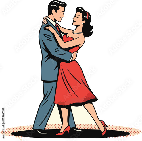 Romantic vintage pop art illustration of a couple in love dancing