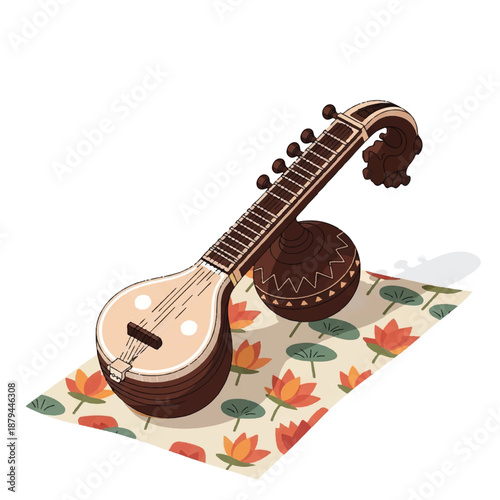 Indian Sitar Musical Instrument on a Lotus Flower Patterned Mat