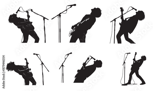 Guitarist silhouettes performing on stage with microphones, energetic poses.