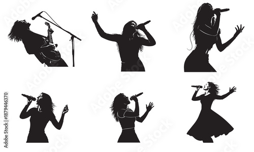Singer and guitarist silhouettes performing on stage with microphones and guitar.