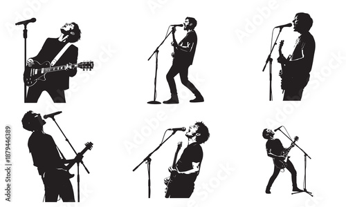 Guitarist and singer silhouettes performing on stage with microphones and guitar.