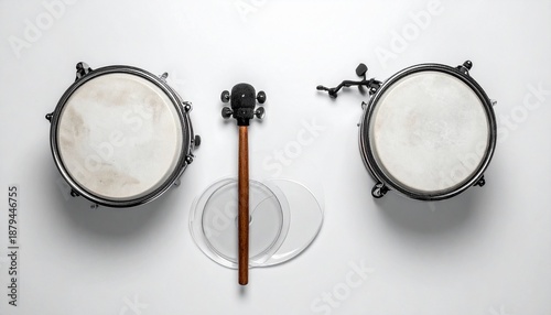 Overhead view of a drum set with drumsticks and drum heads on a white surface.