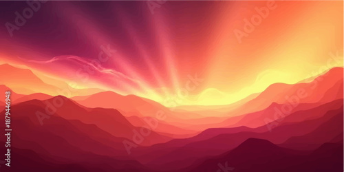 A beautiful mountain landscape at sunset and sunrise with orange clouds and a red sky over the blue foggy hills at dawn and dusk