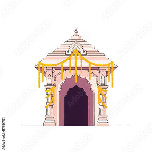 Indian Temple Entrance Decorated with Marigold Flower Garlands