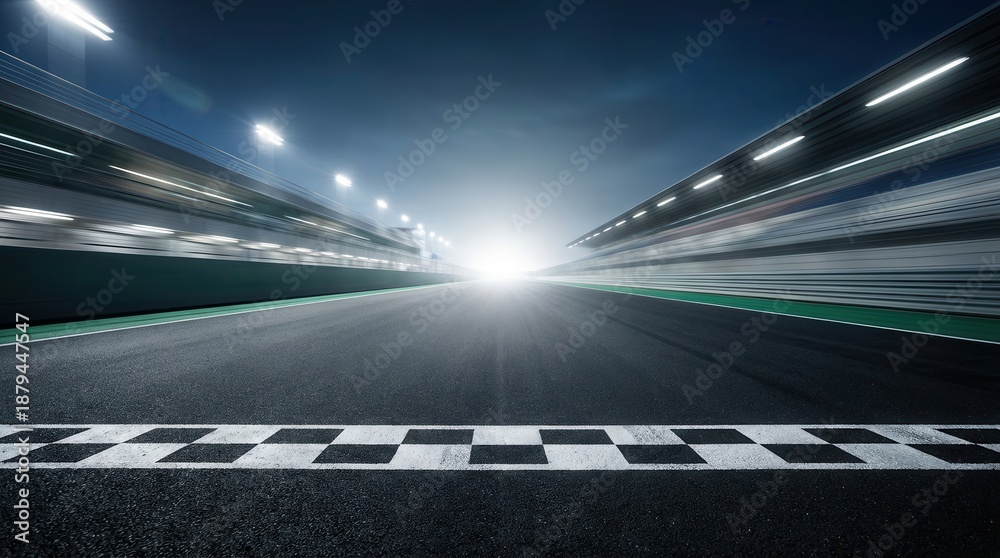 Fototapeta premium Empty asphalt race track with checkered finish line under bright stadium lights at night.