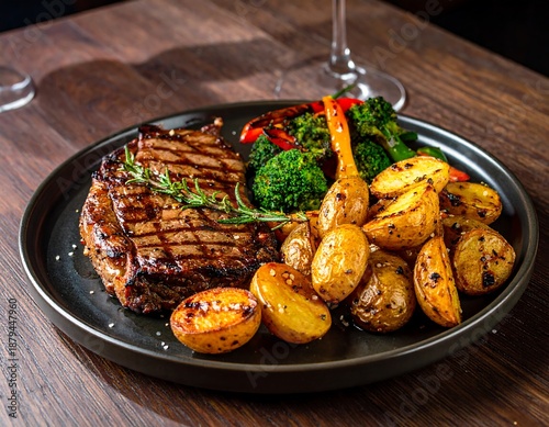 Delicious grilled steak with roasted potatoes and steamed broccoli on plate