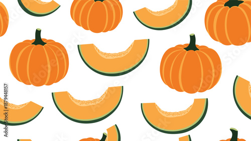 A fresh and fruity seamless pattern of whole orange pumpkins and juicy cantaloupe melon slices on a clean white background.