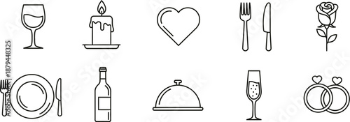 Collection of minimalist line art icons representing romantic dinner elements including tableware candlelight wine and engagement symbols