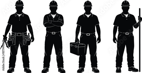 Construction worker silhouette set wearing safety helmets showing different professions poses tools equipment isolated vector illustration on white background
