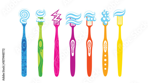 A vibrant and playful collection of seven colorful toothbrushes, each with a uniquely styled swirl of toothpaste on top of it.