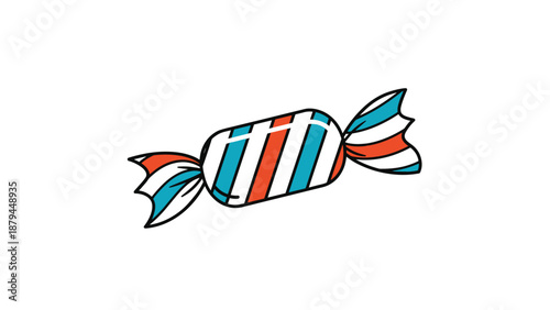 A simple and colorful cartoon illustration of a single piece of hard candy in a twisted wrapper with red and blue stripes.