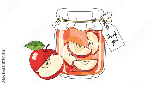 A charming hand-drawn illustration of a glass jar filled with apple slices, with a Thank you tag tied to the top of the jar.