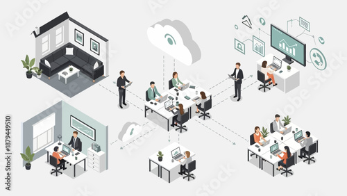 Illustration of a modern hybrid work environment connecting remote employees and office teams through cloud technology and digital collaboration tools.