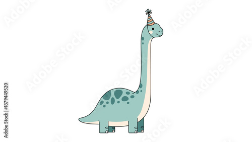 An adorable cartoon illustration of a long-necked brachiosaurus dinosaur wearing a small, colorful party hat for a birthday celebration.