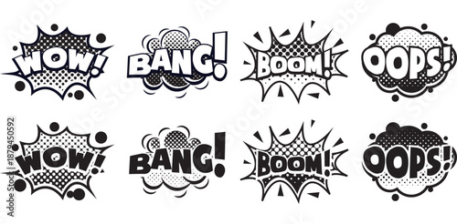 Collection of Cartoon, Comic Speech Bubbles. Black & White Dialog Clouds with Halftone Dot Background in Pop Art Style