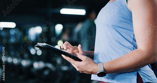 Tableau sur toile Person, hands and scroll in gym with tablet, workout research and sign up for personal trainer program