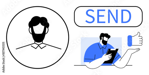 Digital communication, user interfaces, social media, remote work, feedback systems, connectivity. Man with tablet, send button profile thumbs up icon. Communication and user interfaces concept