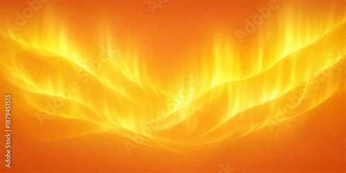 An abstract vector illustration of a burning heart on a black background featuring red and orange flames with yellow light energy, smoke patterns, and motion waves in a hot fire design