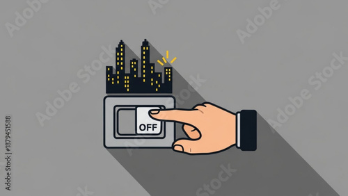 Hand Turning Off City Skyline Light Switch, Isolated on Gray Background, Vector Illustration