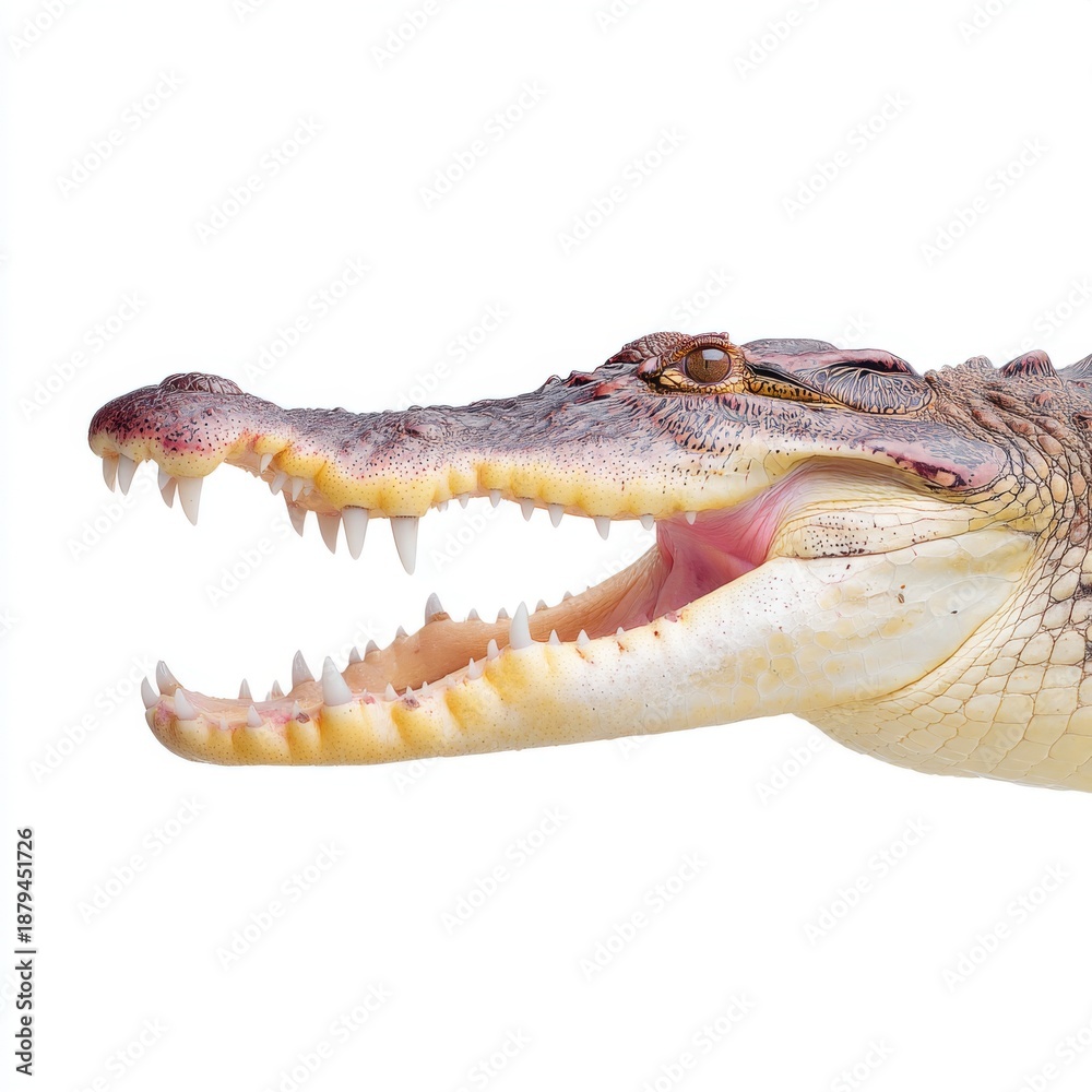 Obraz premium Freshwater crocodile with open jaws displaying sharp teeth on a white background for wildlife and nature themes