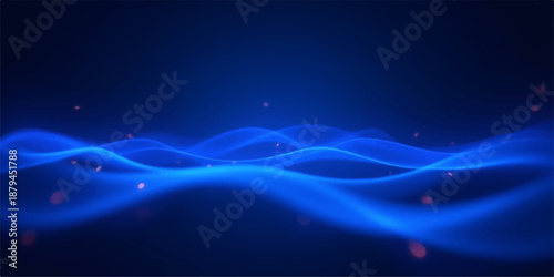 Blue abstract background with glowing stars and flowing waves