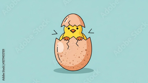 Hatching Chick Emerging from Eggshell, Cartoon Style, Isolated on Blue Background