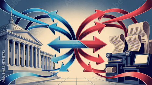 Government and Media Interplay: An illustration depicting the dynamic exchange between government institutions and the media, symbolizing the flow of information and influence.