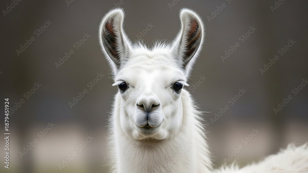 Fototapeta premium White llama looking directly at camera.