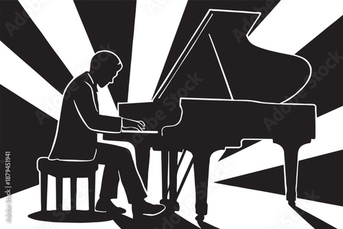 Silhouette of a professional pianist playing a grand piano on sunburst background