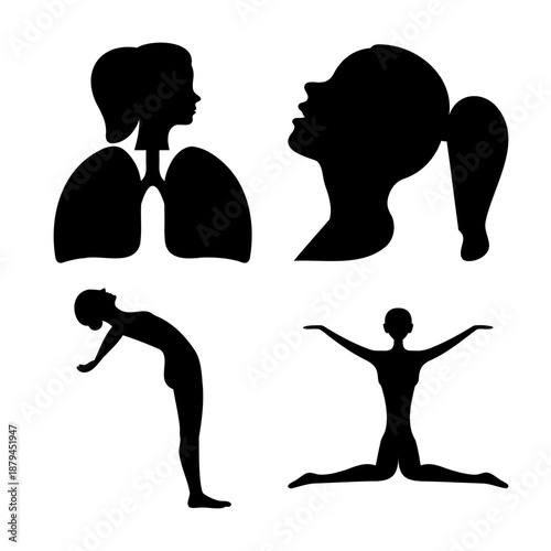 Illustrative silhouettes depicting female respiratory system and yoga poses for wellness