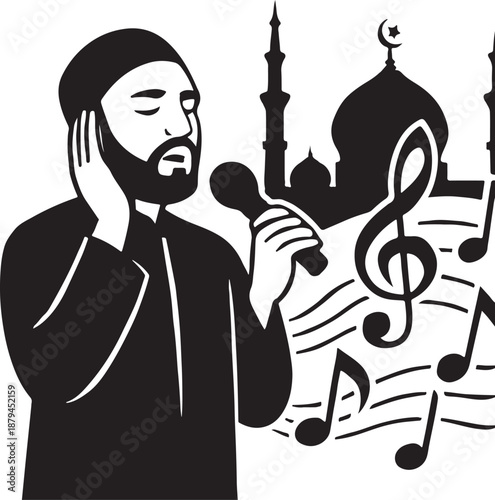 Muslim man singing nasheed with microphone on mosque and musical notes background