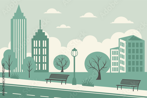 Modern City Skyline Vector Illustration with Urban Park Scene