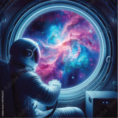 Astronaut Gazing at Nebula through Spacecraft Window.