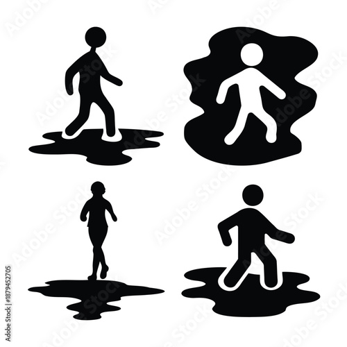 Black and white walking figures splashing in puddles and abstract liquid shapes
