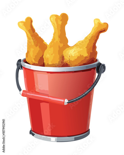 Crispy fried chicken drumsticks in red bucket for fast food restaurant menu design and promotional advertising poster - Vector Illustration