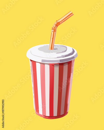 Refreshing soda soft drink in striped red paper cup with straw for fast food restaurant beverage menu - Vector Illustration