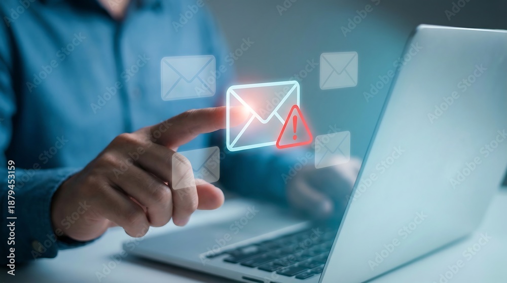 A man interacts with a warning email icon on his laptop keyboard ...