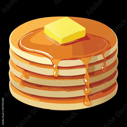 Golden pancakes stack with honey syrup and butter on a dark minimalist setting for food menu - Vector Illustration