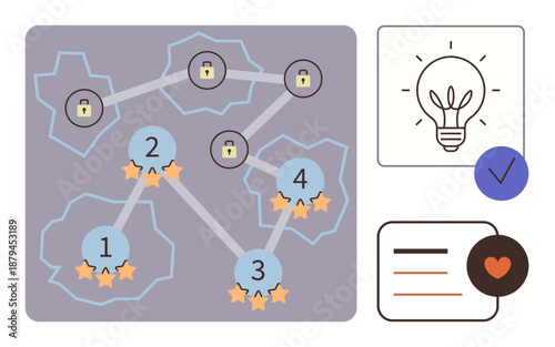 Network security, gamification, innovation, idea sharing, online platforms, data protection. Connected nodes with locks and stars. Network security and gamification illustrated