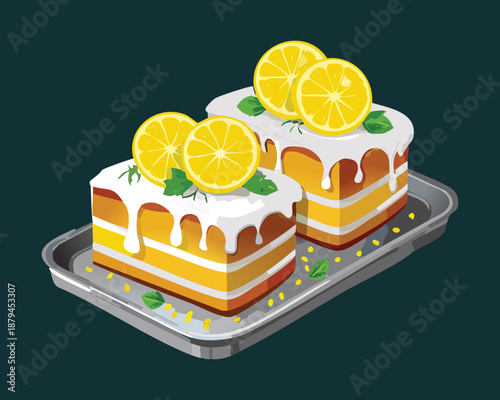 Assorted lemon cream cakes on a tray for bakery shop display and sweet tea time - Vector Illustration