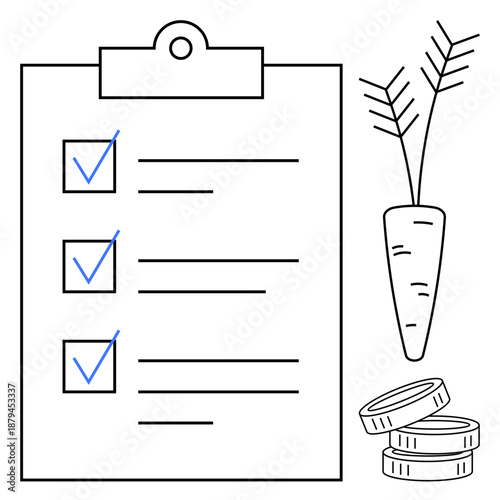 Health goals, meal planning, savings, financial goals, dieting, prioritizing. Checklist with checkmarks alongside carrot and coins. Health goals and meal planning concepts