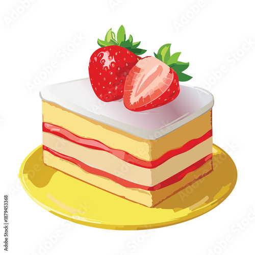 Strawberry shortcake slice for sweet treat and bakery shop dessert menu on a white background - Vector Illustration
