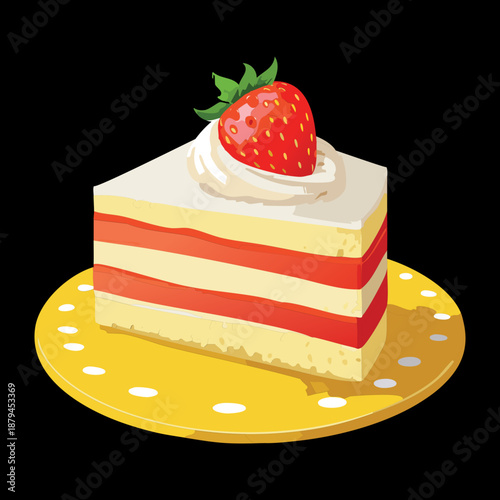 Slice of strawberry layered cake for birthday party and sweet bakery shop dessert menu design - Vector Illustration