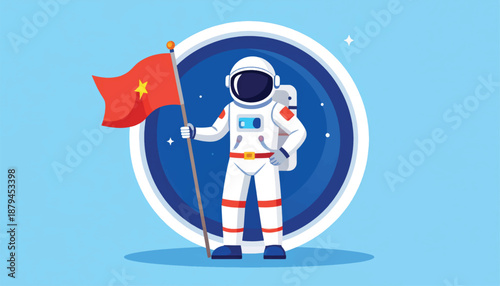 Astronaut in White Space Suit Holding Flag.