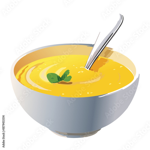 Warm yellow cream soup in a bowl with spoon for healthy appetizer and comfort food design - Vector Illustration