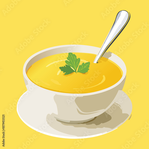 Bowl of creamy vegetable soup with parsley for healthy warm lunch and vegetarian food menu - Vector Illustration
