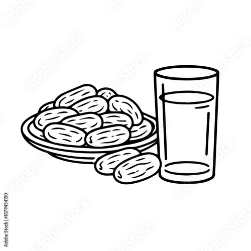 Dates and Water Icon Representing Traditional Iftar Meal for Breaking Fast in Ramadan
